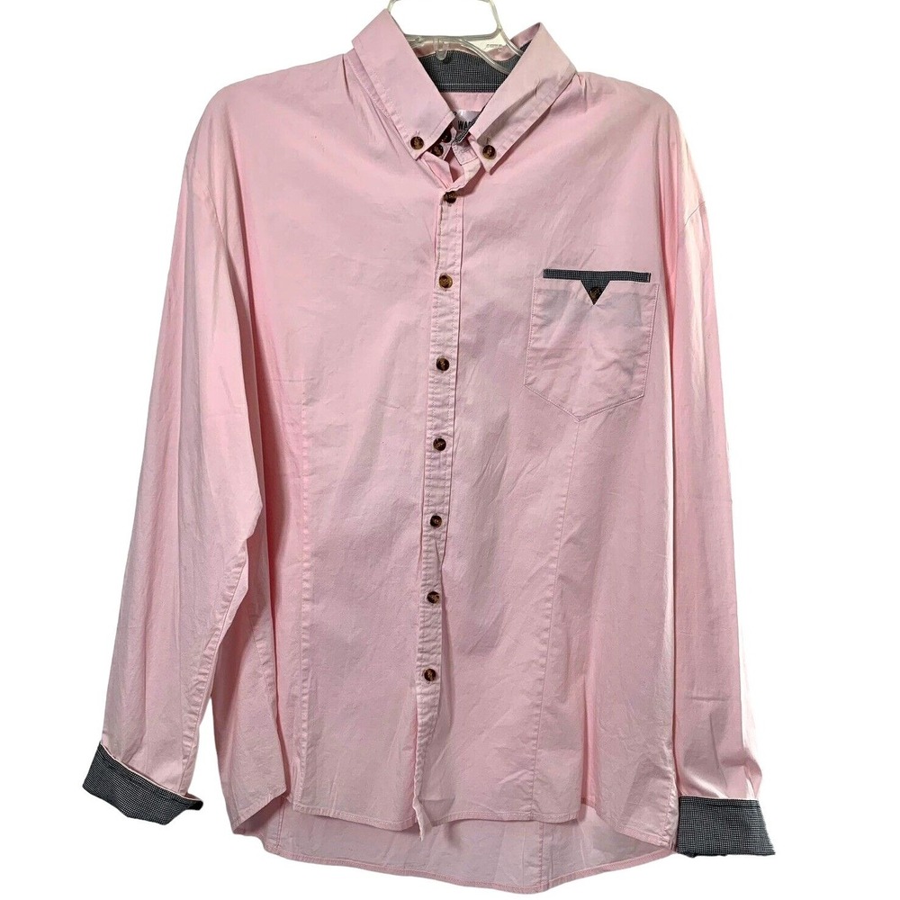 Mens Pink Gingham Check Dress Shirt Size 2XL‎ Button Up Black Cuffs Long Sleeve